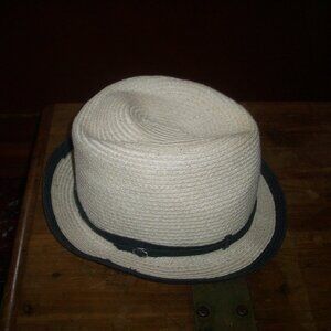 Women's Straw Fedora Hat Beige Black Trim Woven Panama Sun Beach Hat Steampunk